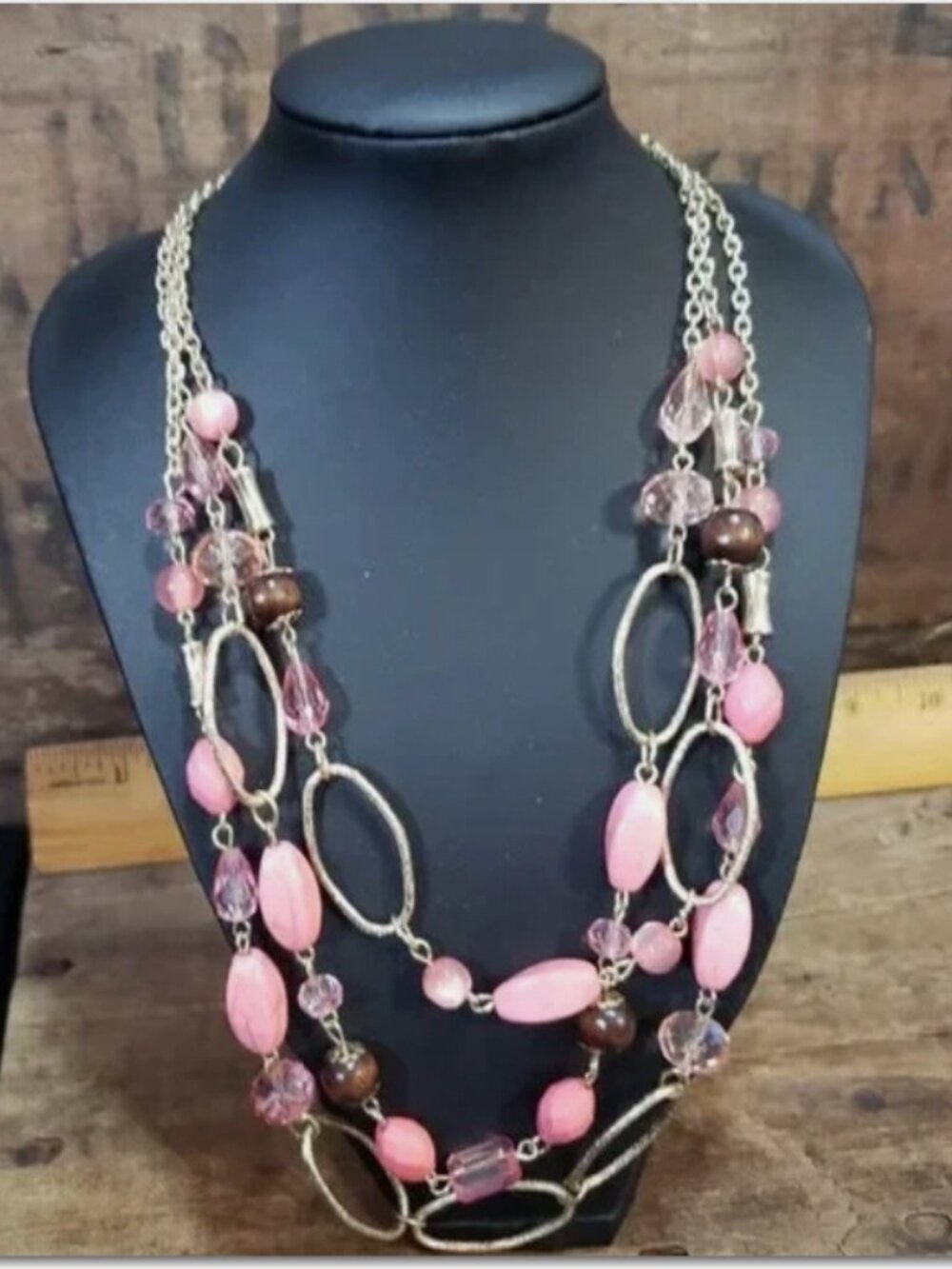 Costume Jewelry Necklace - Pink and Gold- Statement - up to 18 inches